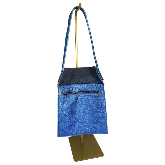 Kurt Geiger Blue Metallic Quirky Pebbled Leather Suede Shoulder Purse Handbag - Picture 1 of 8